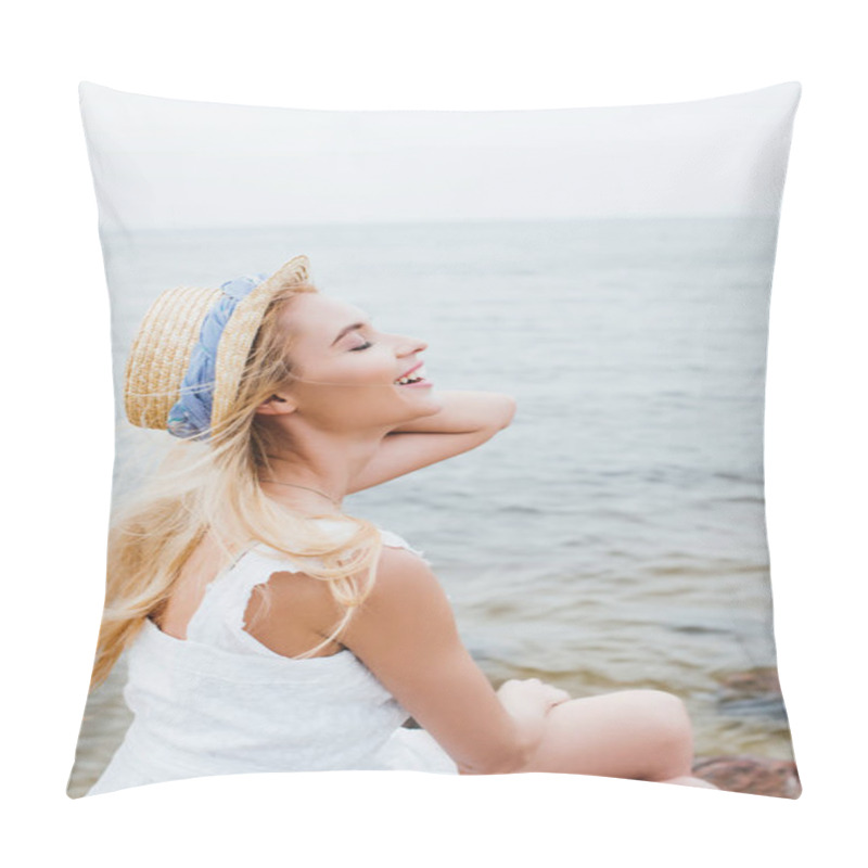 Personality  Happy Young Woman With Closed Eyes Smiling While Touching Straw Hat Pillow Covers