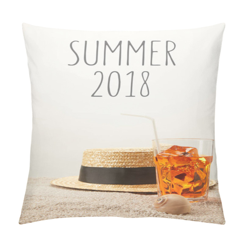 Personality  Close Up View Of Summer 2018 Lettering, Straw Hat And Refreshing Cocktail On Sand On Grey Backdrop Pillow Covers