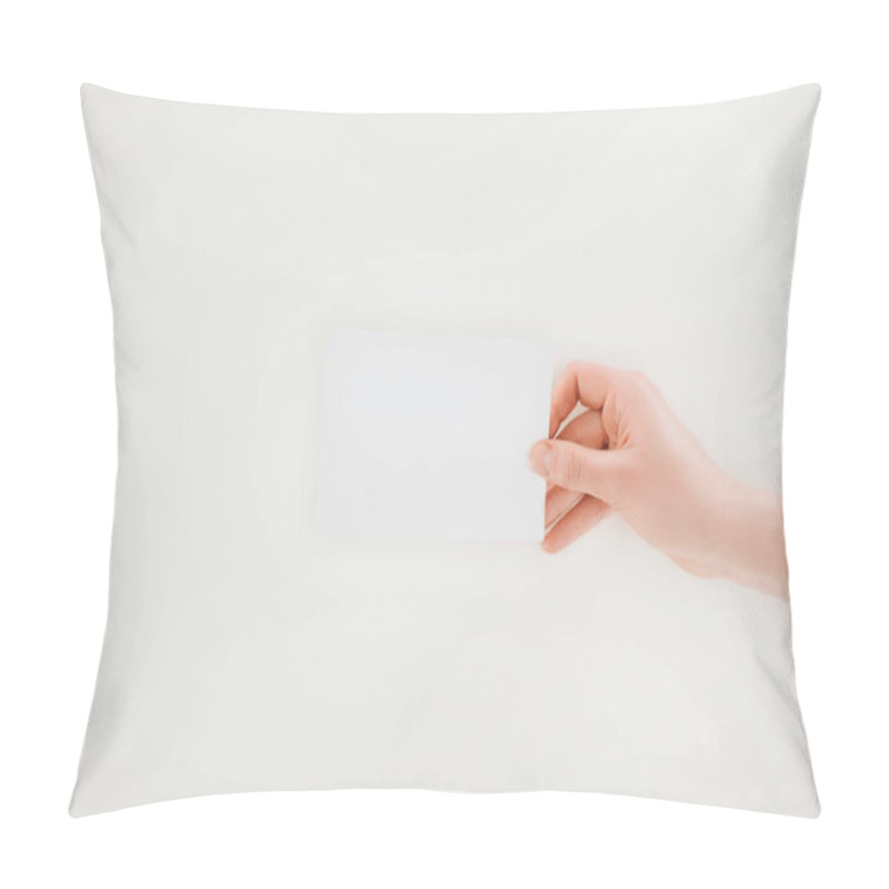 Personality  Cropped Shot Of Woman Holding Blank Paper Isolated On White Pillow Covers