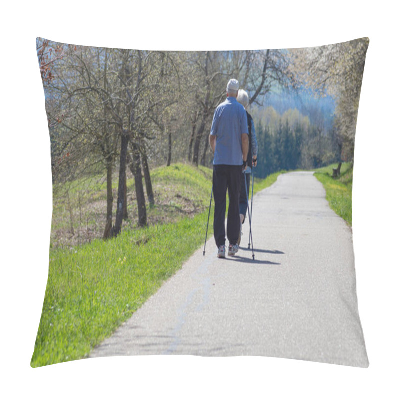 Personality  Senior Couple Walking In Spring On South German Countryside With Nordic Walking Sticks Pillow Covers