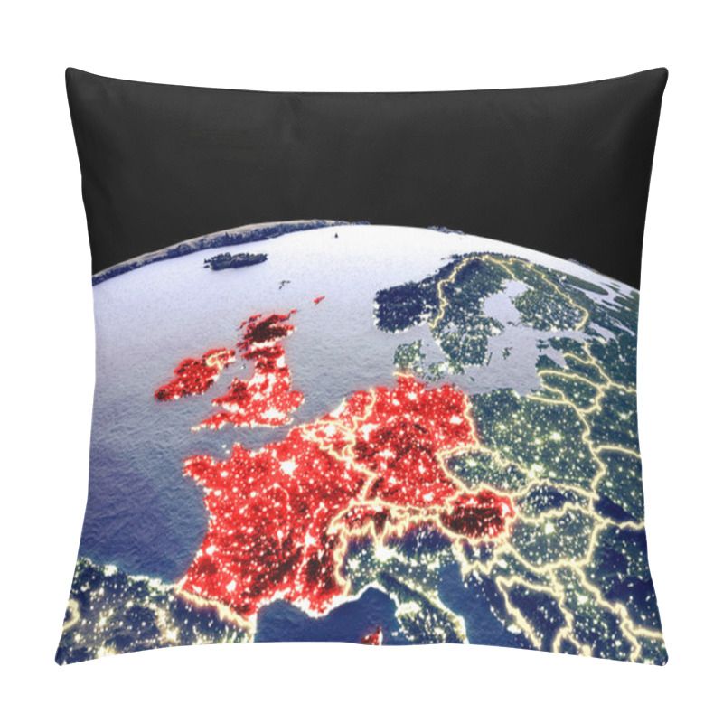 Personality  Western Europe From Space On Planet Earth At Night With Bright City Lights. Detailed Plastic Planet Surface With Real Mountains. 3D Illustration. Elements Of This Image Furnished By NASA. Pillow Covers