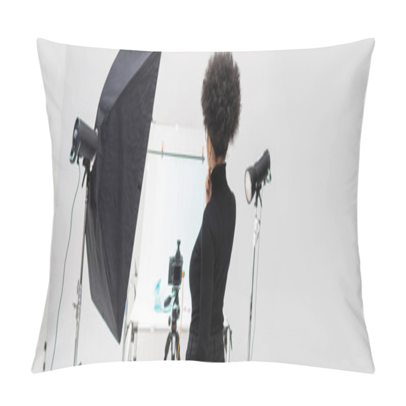 Personality  Back View Of African American Content Manager In Black Clothes Near Lighting Equipment And Digital Camera In Photo Studio, Banner Pillow Covers