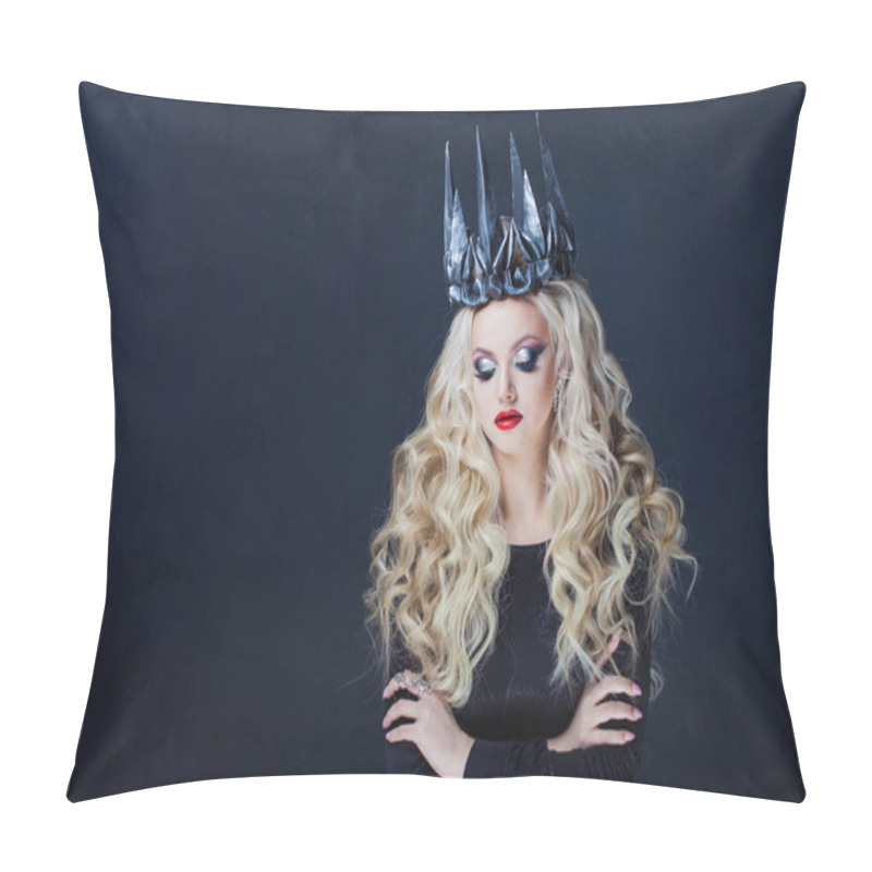 Personality  Chic Gothic Queen From A Dark Fairy Tale. Young Blonde Woman In Black With Steel Crown On Her Head Pillow Covers