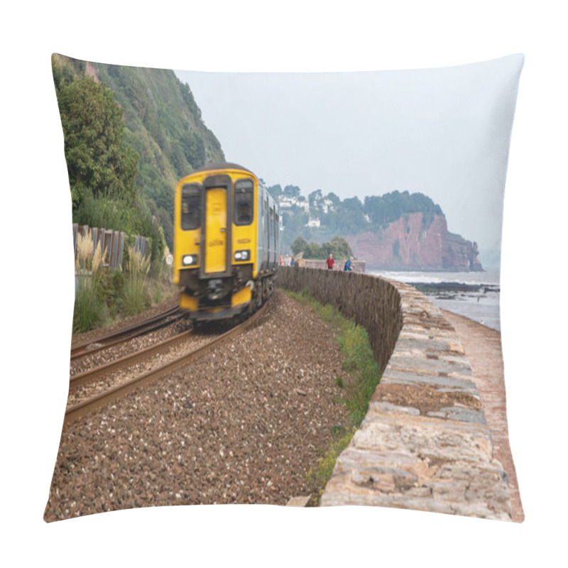 Personality  Teignmouth, Devon, Uk. 09-21-24. A Train With Motion Blur Travels Along A Curving Track At Teignmouth In Devon. Transport And Railway Infrastructure. Good Leading Lines. Transport And Rail.  Pillow Covers