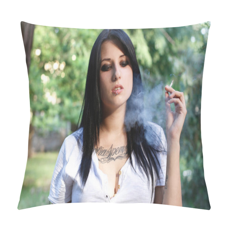 Personality  Beautiful Young Girl With A Tattoo Smokes Pillow Covers