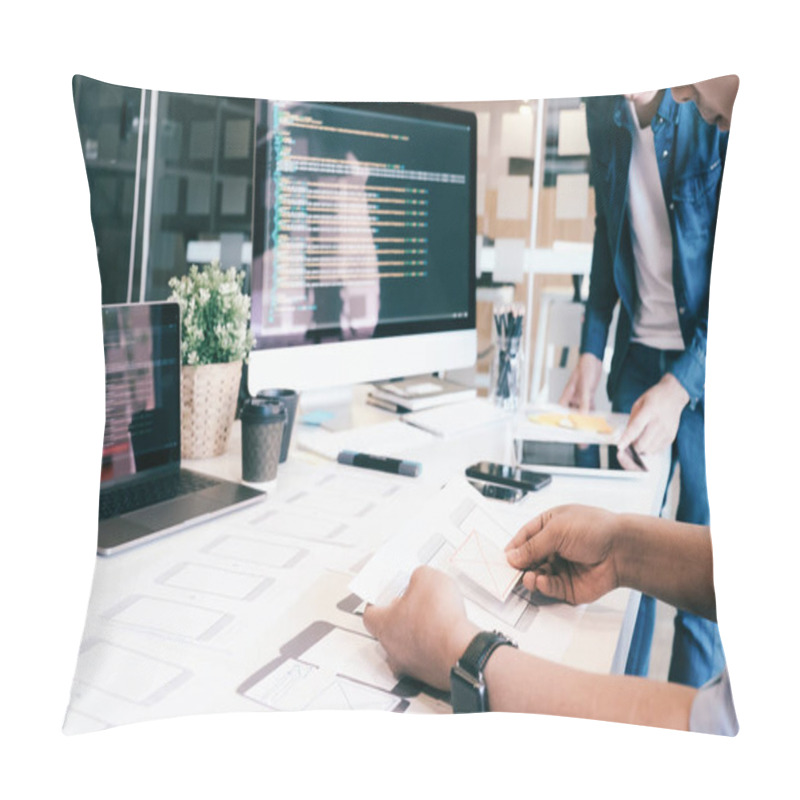 Personality  Programmer And UX UI Designer Working In A Software Development And Coding Technologies. Mobile And Website Design And Programing Development Technology Pillow Covers