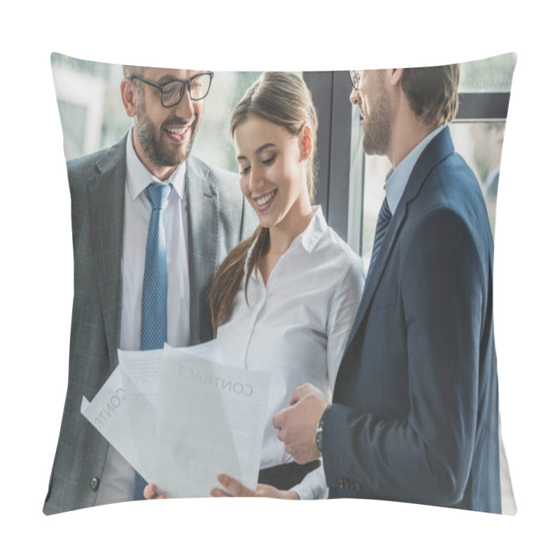 Personality  Happy Young Business People Discussing Documents Together At Office Pillow Covers