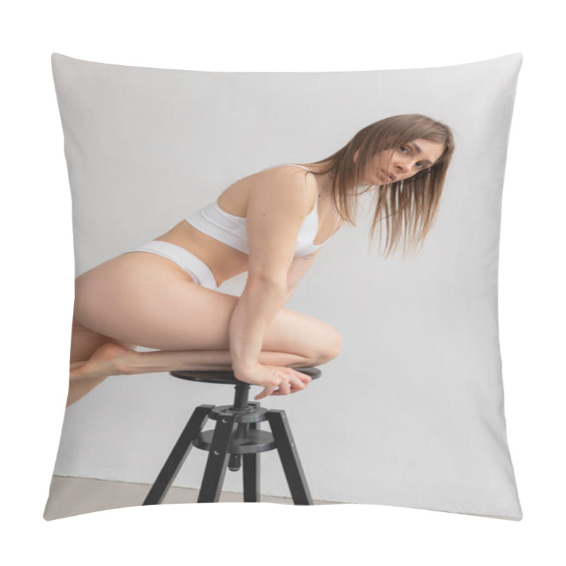 Personality  A Woman Posing In White Lingerie On A Black Chair In A Minimalistic Studio With A Sophisticated Presence Pillow Covers