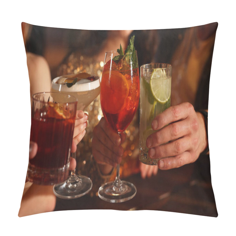 Personality  Friends Clinking Glasses With Fresh Cocktails In Bar, Closeup Pillow Covers