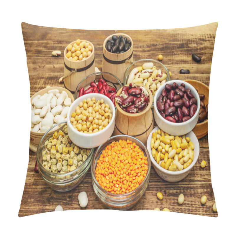 Personality  Set Of Various Dry Legumes In Bowls, Indispensable Protein For A Healthy Lifestyle. Assorted Different Types Of Beans. Wooden Table Background, Close Up Pillow Covers