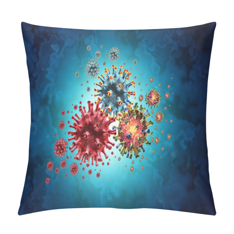 Personality  Tripledemic Covid Flu And RSV Or Respiratory Syncytial Virus With Three Pathogen Cells Dangerous Infectious Disease Cells As A 3D Illustration. Pillow Covers