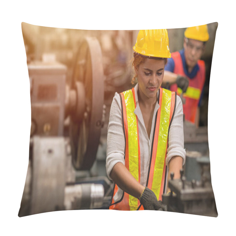 Personality  American Black Women Teen Worker Working Part Time Job As Labor In Industry Factory With Heavy Steel Machine. Pillow Covers