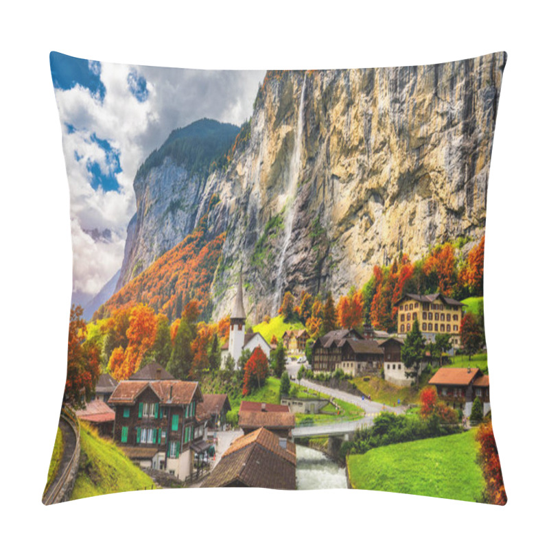 Personality  Captivating Autumn View Of Lauterbrunnen Valley With Gorgeous Staubbach Waterfall And Swiss Alps At Sunset Time. Lauterbrunnen Village With Autumn Red Foliage, Berner Oberland, Switzerland, Europe. Pillow Covers