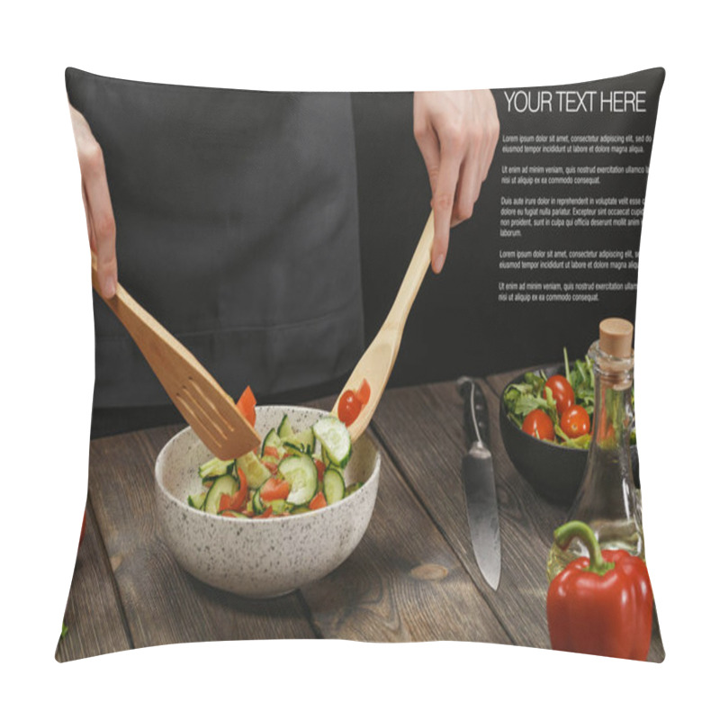 Personality  Woman Mixing Fresh Vegetable Salad. Female Hands. Diet Concept For Healthy Lifestyle With Sample Text. Pillow Covers