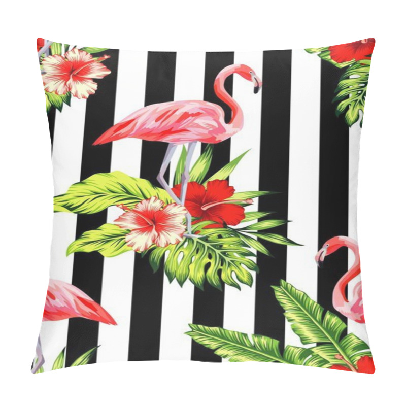 Personality  Flamingo And Hibiscus Tropical Pattern, Striped Background Pillow Covers