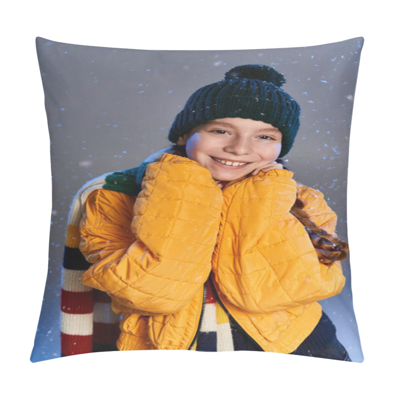 Personality  A Girl Dressed In Warm Winter Clothing Radiates Happiness Amidst Gentle Snowfall Pillow Covers