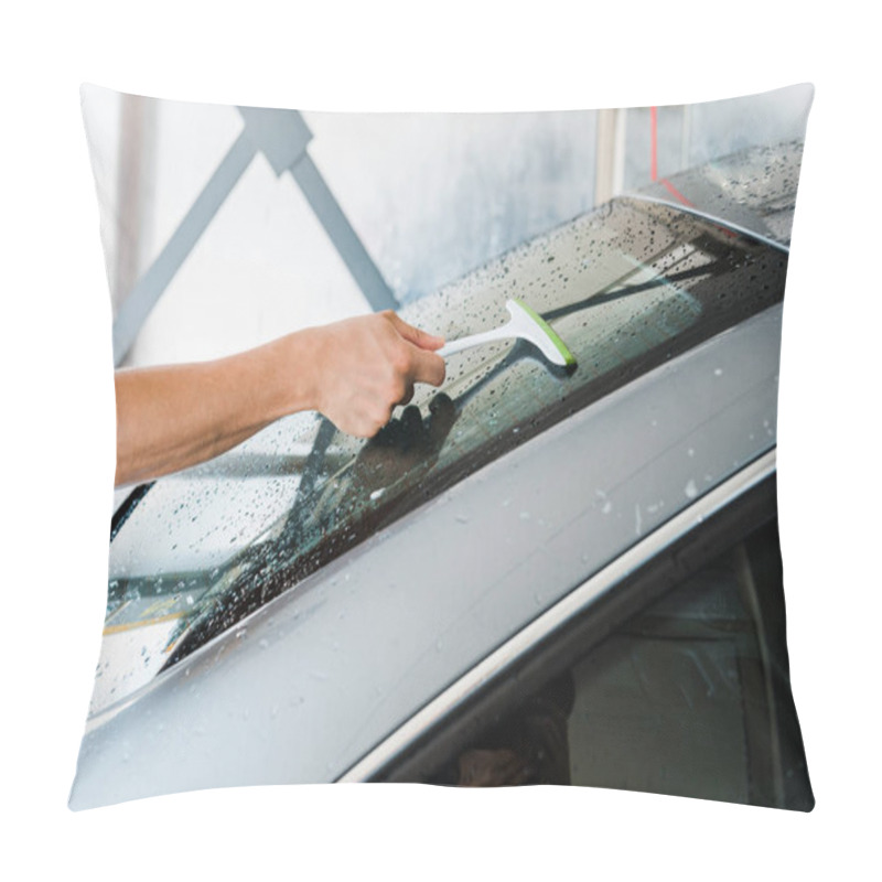 Personality  Cropped View Of Car Cleaner Holding Squeegee And Cleaning Wet Car Window  Pillow Covers