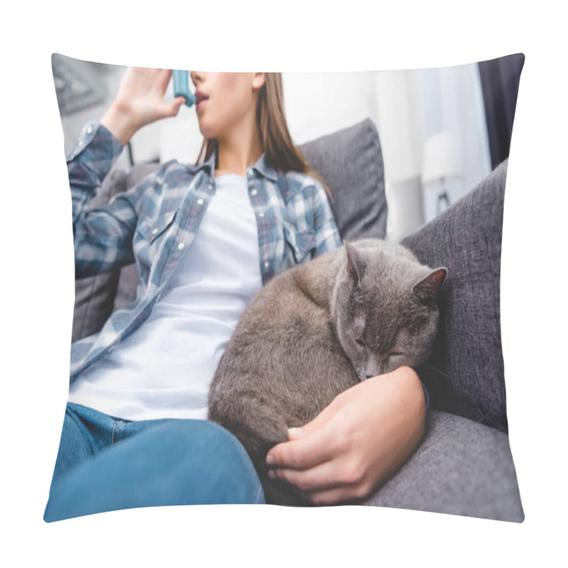 Personality  Low Angle View Of Woman Using Inhaler While Sitting With Cat On Sofa Pillow Covers