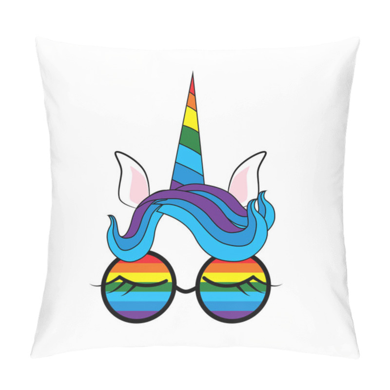 Personality  Illustration Of A Cute Unicorn Face In Sunglasses. Rainbow, Hearts Pillow Covers