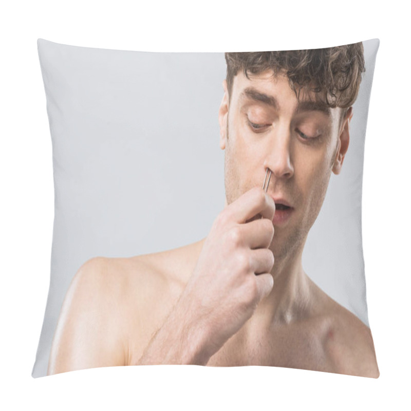 Personality  Handsome Man Plucking Hair With Tweezers From Nose, Isolated On Grey Pillow Covers