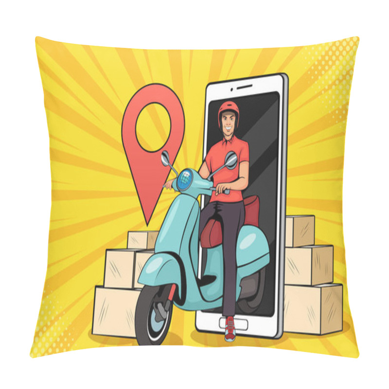 Personality  Scooter With Delivery Man. Fast Courier. Restaurant Food Service, Mail Delivery Service.  Pop Art Retro Comic Style Vector Illustration. Pillow Covers