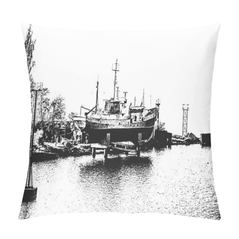 Personality  Boat On The Stocks, In The Port Area. Installed On Concrete Supports. Pillow Covers