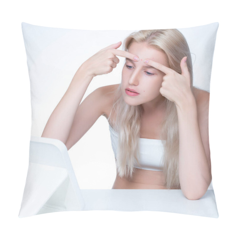 Personality  Acne Problem Troubling Personable Worried Woman With Natural Beauty Skin Checking Her Face Squeezing Pimple Spots In Isolated Background. Copyspace For Blemish Skincare Treatment Problem. Pillow Covers