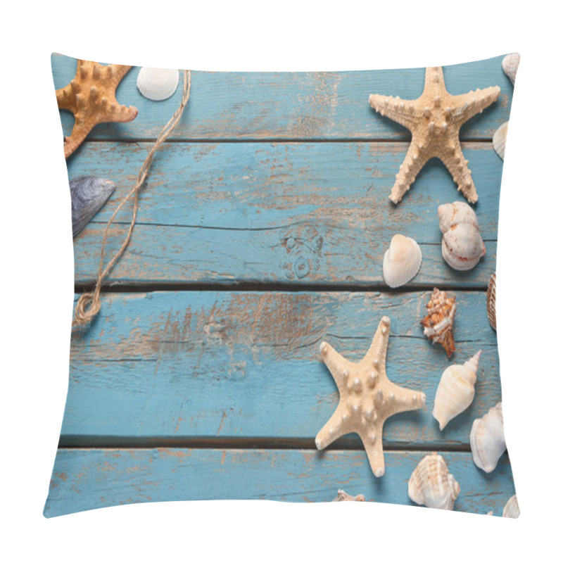 Personality  Seashells And Starfishes On Blue Wooden Background Pillow Covers