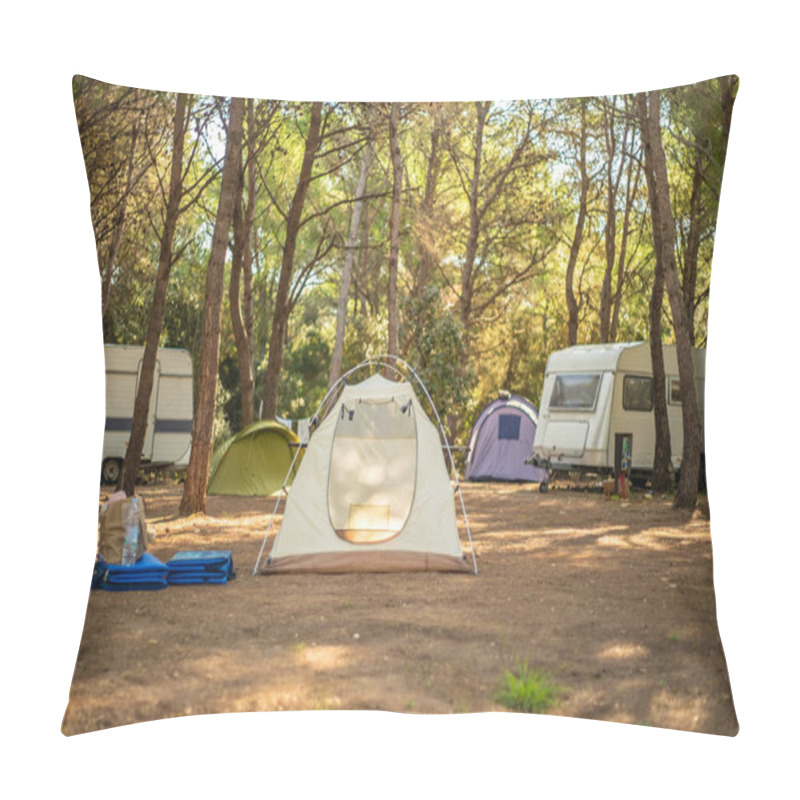 Personality  View Of Tent In Camp Ground In The Middle Of Pine Forest. Pillow Covers