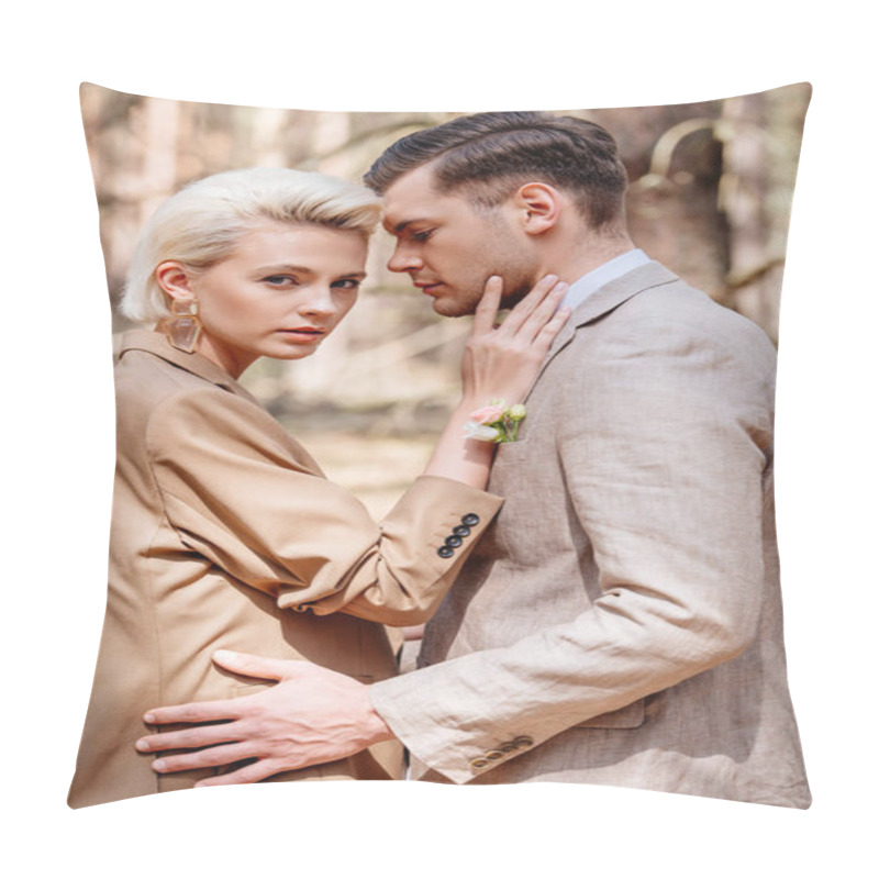 Personality  Side View Of Handsome Man And Woman In Forest   Pillow Covers