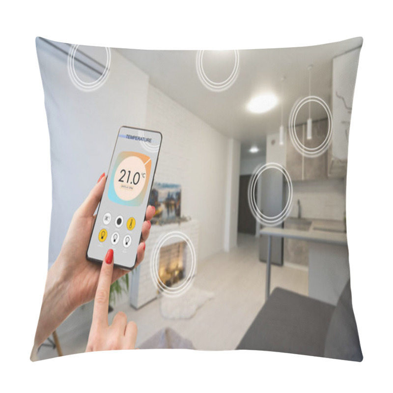 Personality  Close Up Focus On Cellphone With Smart Home Software Application On Screen, Wireless Light Music Temperature Regulation With Digital Gadget, Air Conditioner Climate Control, Iot, Virtual Assistant. Pillow Covers