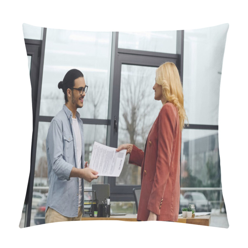 Personality  A Man And Woman Exchanging Documents By A Window. Pillow Covers