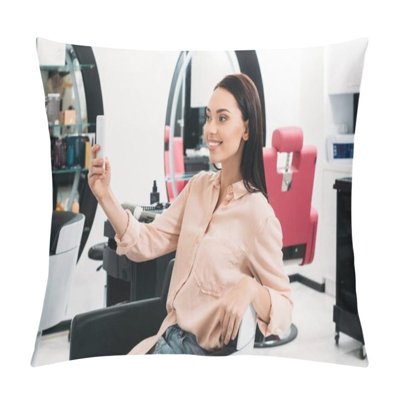 Personality  Happy Woman Taking Selfie Of New Hairstyle At Salon Pillow Covers