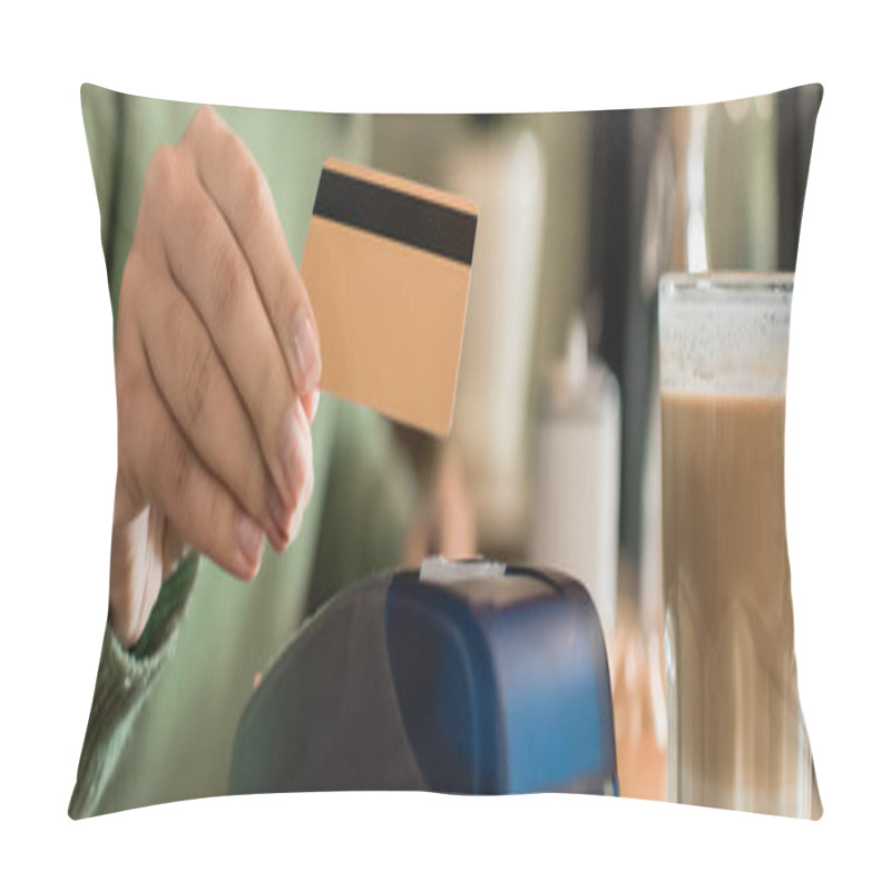 Personality  Glass Of Latte Near Credit Card In Hand Of African American Woman Paying On Blurred Background, Banner Pillow Covers