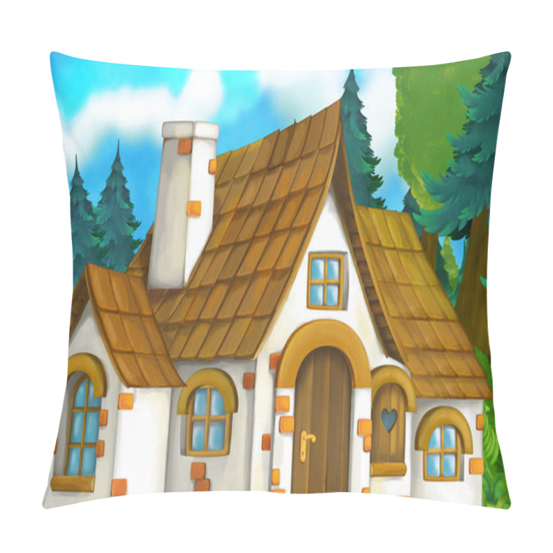 Personality  Cartoon Scene With Beautiful Rural Brick House In The Forest On The Meadow - Illustration For Children Pillow Covers