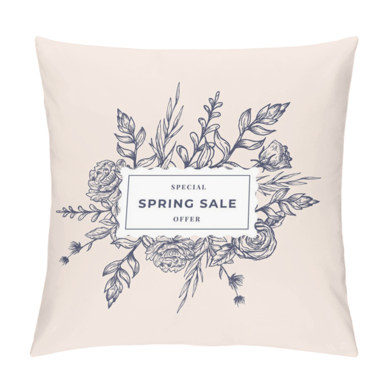 Personality  Spring Sale Abstract Botanical Label With Square Frame Floral Banner. Hand Drawn Rose And Peony Flowers, Leaves Sketches. Pastel Colors Special Offer Promo Advertising Layout. Pillow Covers