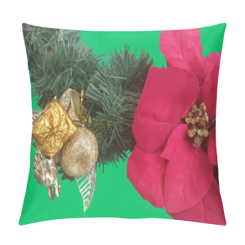 Personality  Colorful Christmas Ornaments Green Leaves Decorated With Red Flower And Golden Gifts, Isolated On Green Background Pillow Covers