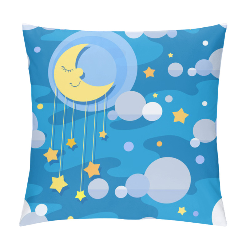 Personality  Cartoon Background. Night Sky. Sleeping Month, Stars And Clouds. Vector Seamless Pattern On Blue. Design For Baby Textiles. Seasonal Themed Background. Pillow Covers