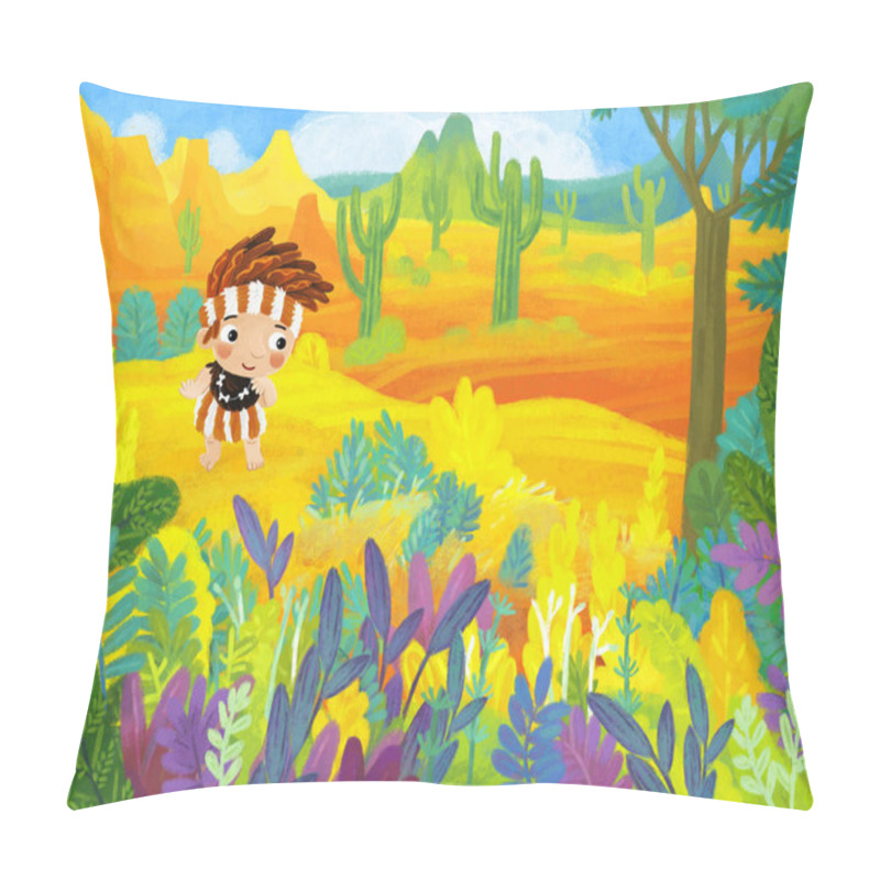 Personality  Cartoon Scene Witn Caveman In The Jungle Stone Age Happy Illustration For Kids Pillow Covers