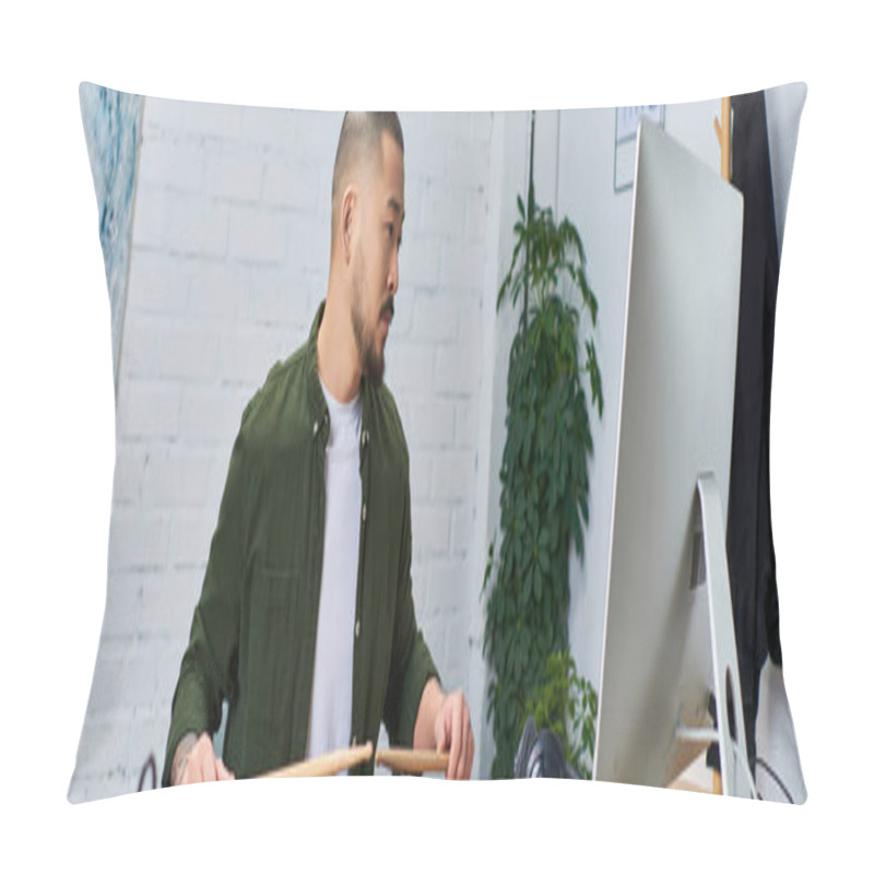 Personality  A Handsome Asian Man Plays Drums In A Studio Setting. Pillow Covers