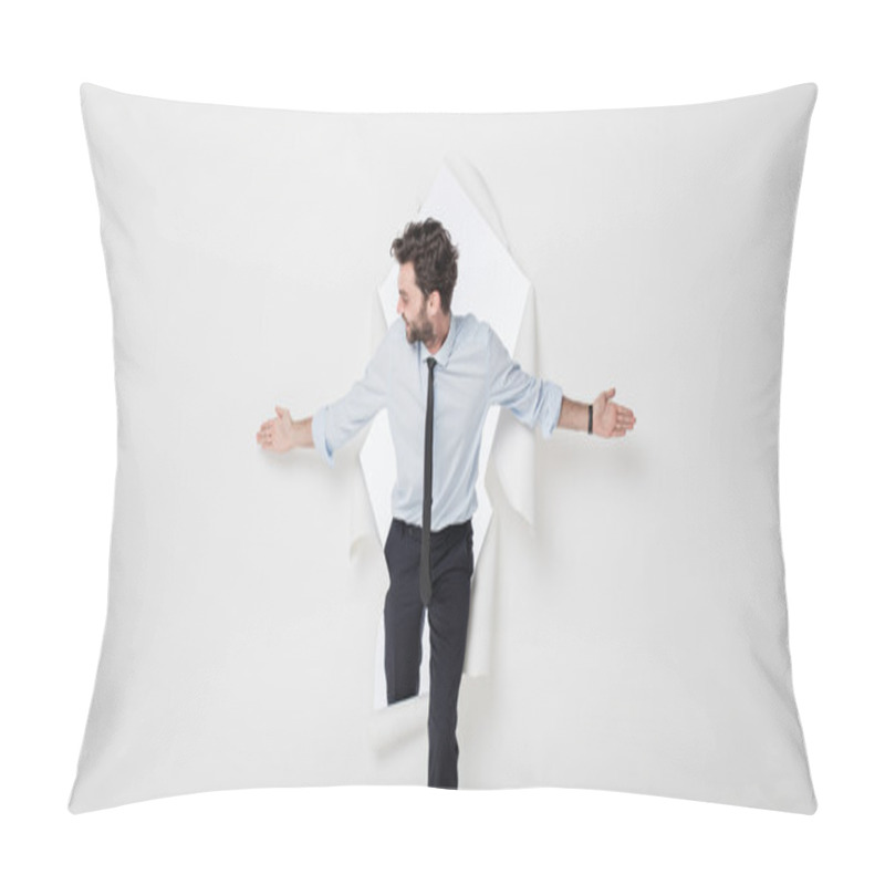 Personality  Office Man With Elegant Outfit And Tie Breaking The Paper Backgr Pillow Covers