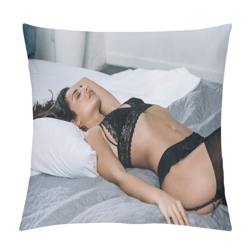 Personality  Seductive Girl In Black Lingerie And Stockings Lying On Bed With Closed Eyes Pillow Covers