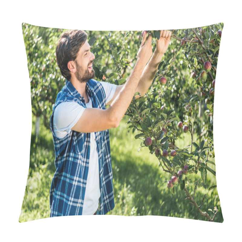 Personality  Handsome Smiling Farmer Touching Apple On Tree In Garden Pillow Covers