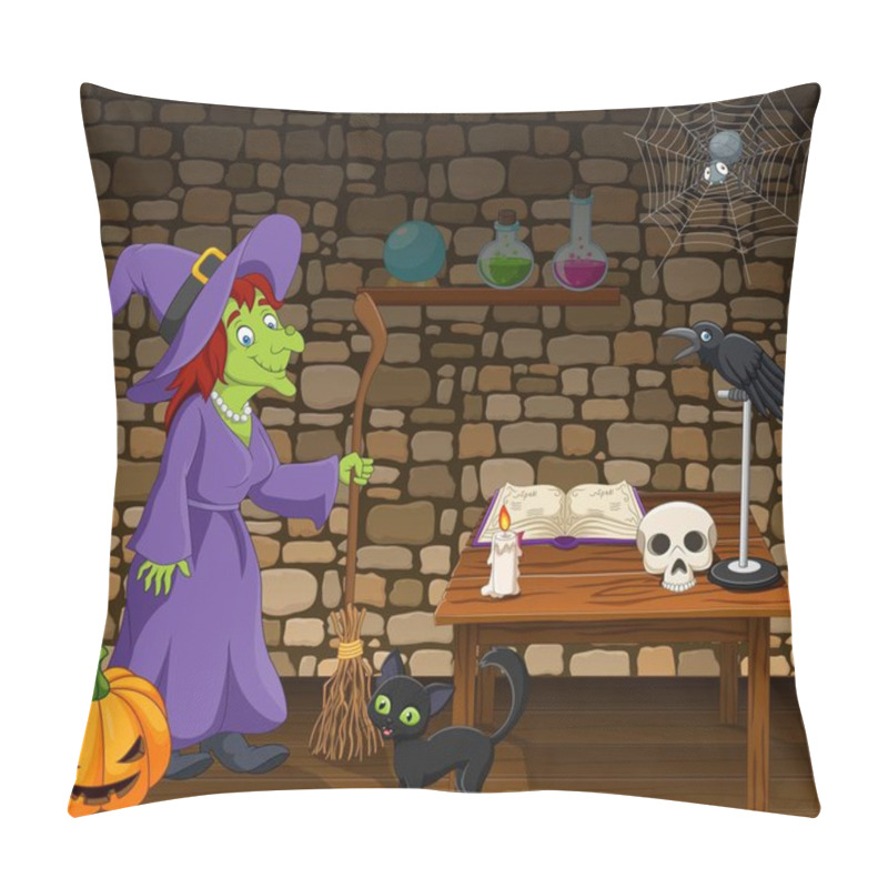 Personality  Vector Illustration Of Cartoon Witch Holding A Broomstick In The Room Pillow Covers