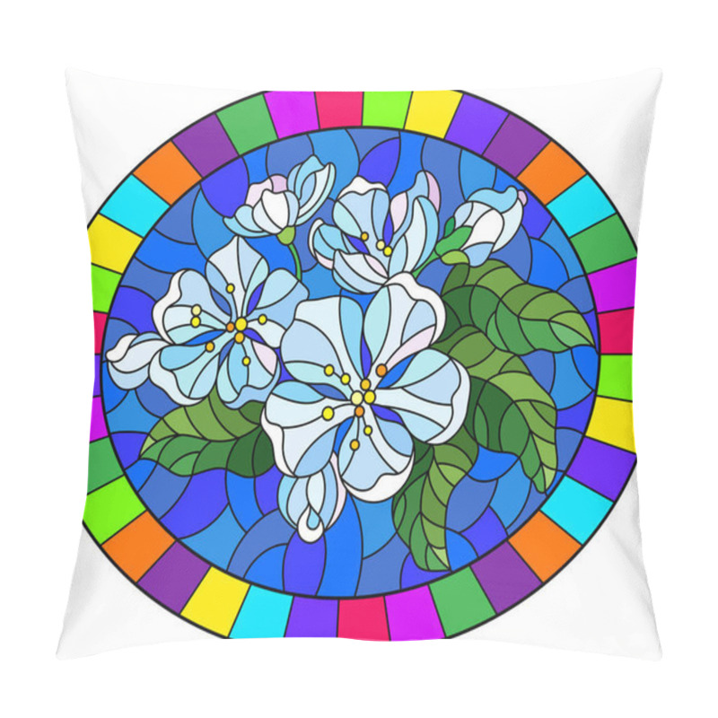 Personality  Illustration In Stained Glass Style With A Branch Of Cherry Blossoms, Flowers, Buds And Leaves On A Blue Background, Oval Image In Bright Frame Pillow Covers