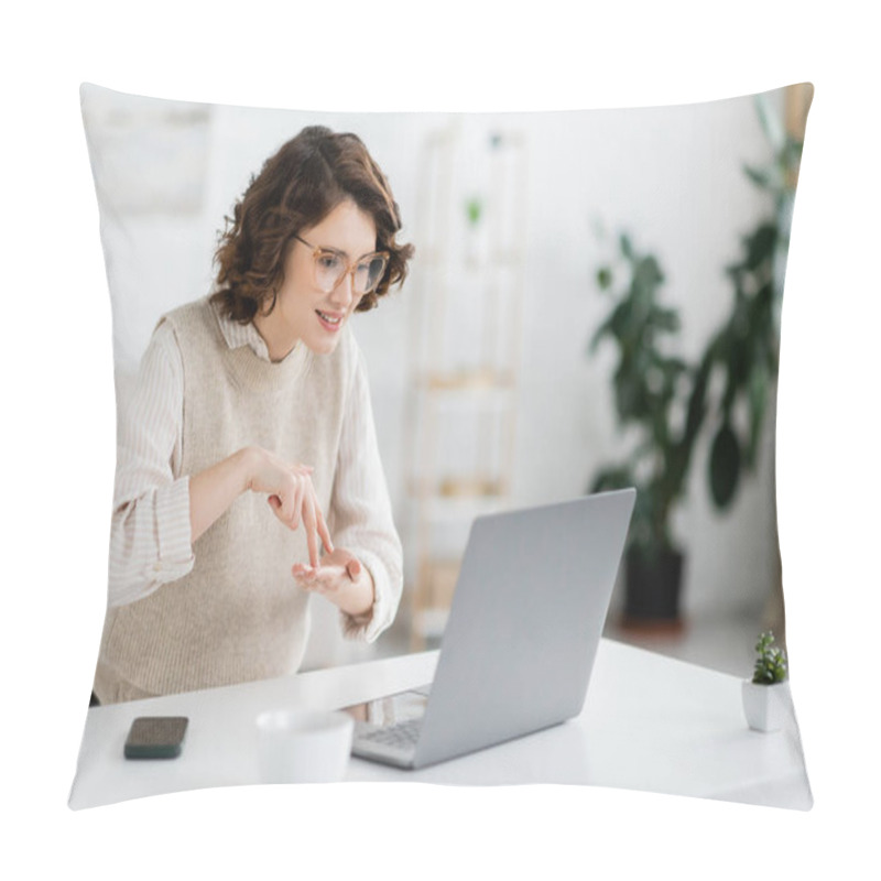 Personality  Curly Woman Showing Stand Word While Teaching Sign Language During Online Lesson On Laptop  Pillow Covers