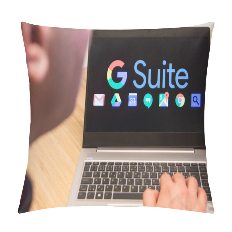 Personality  G Suite Is Used By A Man On The Laptop. Microsoft Customer Used Computer Software. New Product Is Tested By IT Specialist. San Francisco, February 2020 Pillow Covers