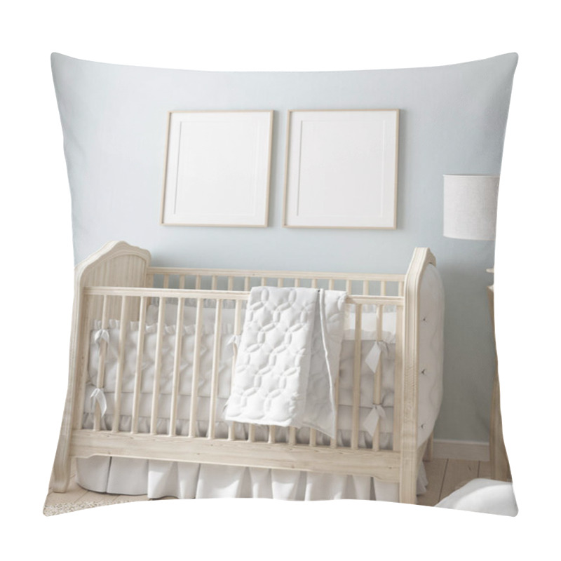 Personality  Mock Up Frame In Boy Nursery With Natural Wooden Furniture, 3D Render Pillow Covers