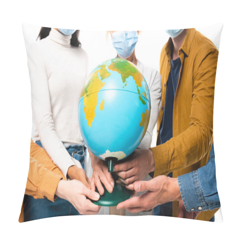 Personality  Cropped View Of Multiethnic People In Medical Masks Holding Globe Isolated On White Pillow Covers