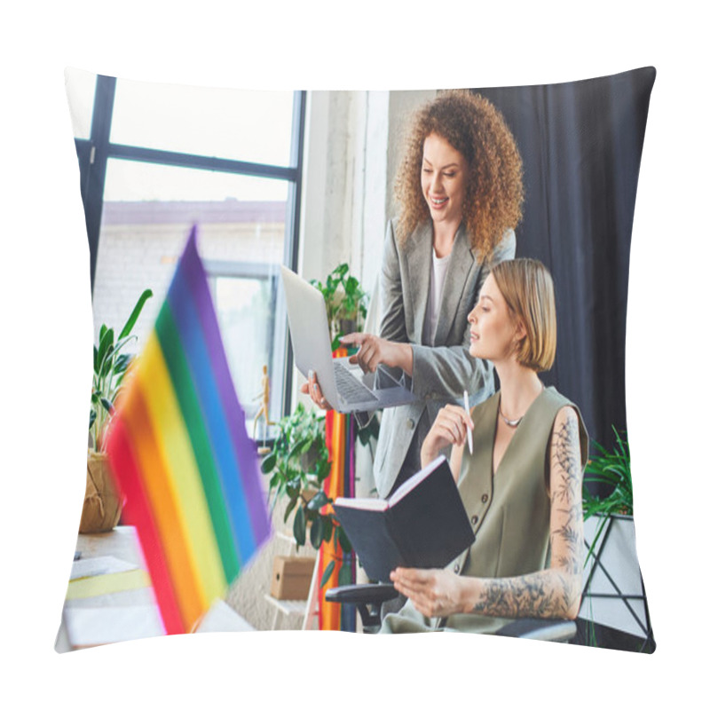 Personality  Two Team Members Discuss Creatively Amid Vibrant Decor That Promotes Inclusivity. Pillow Covers